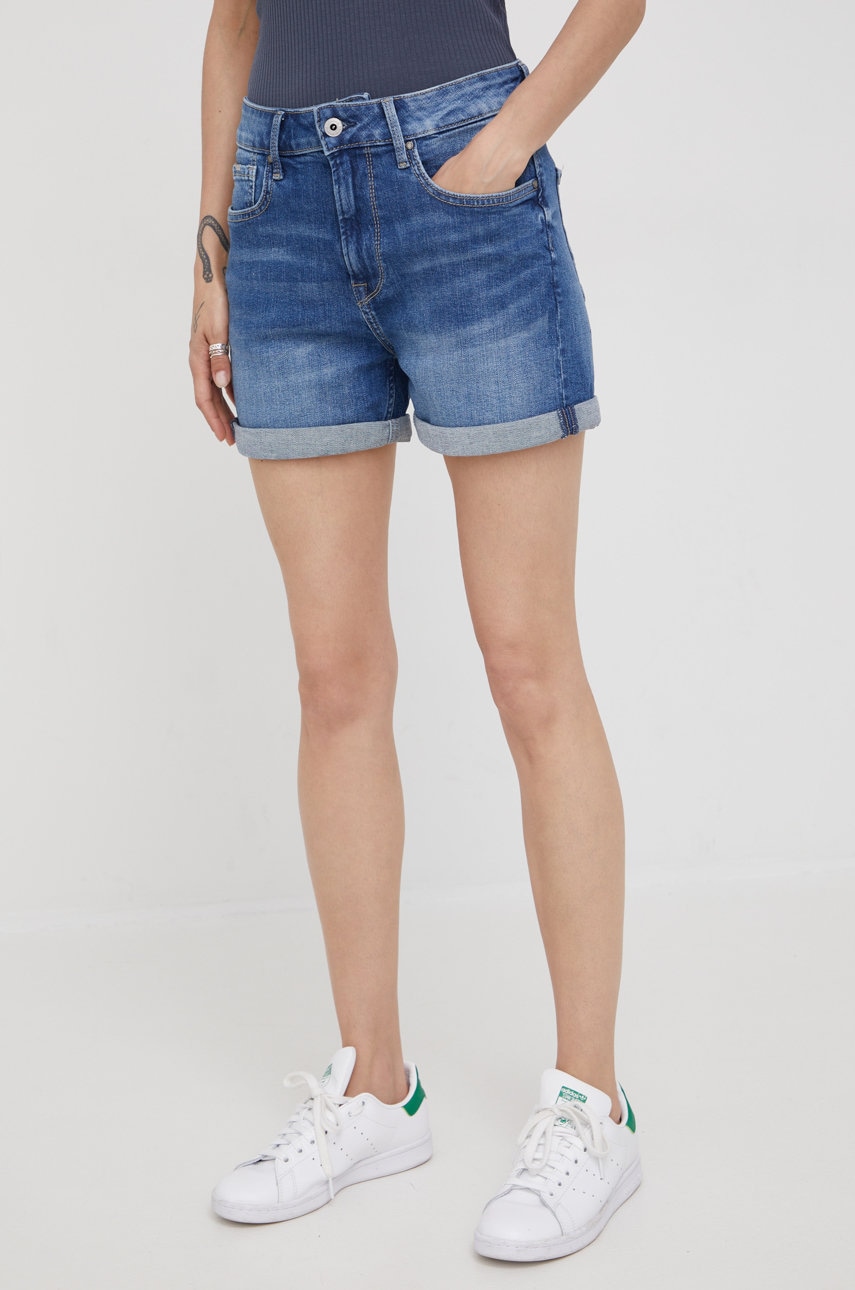 Pepe Jeans Pantaloni Scurti Jeans Mary Short Femei, Culoarea Albastru Marin, Neted, High Waist