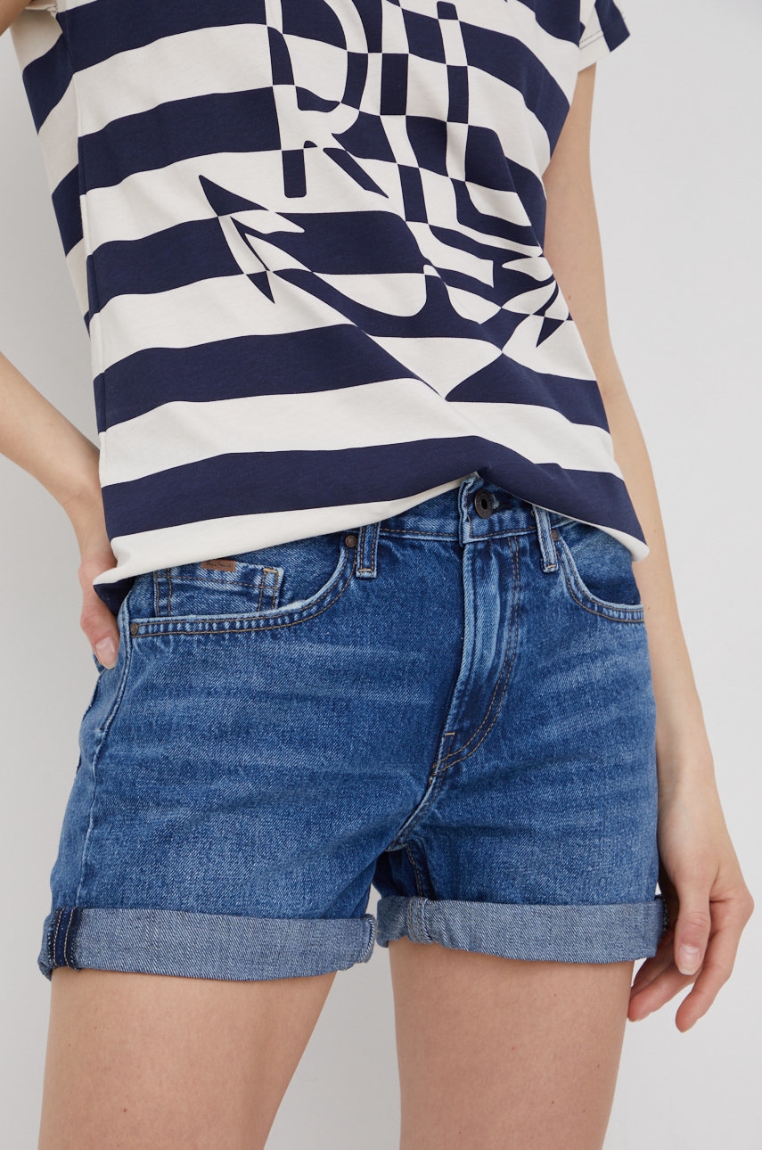 dzinove-sortky-pepe-jeans-mable-short-damske-tmavomodra-barva-hladke-medium-waist