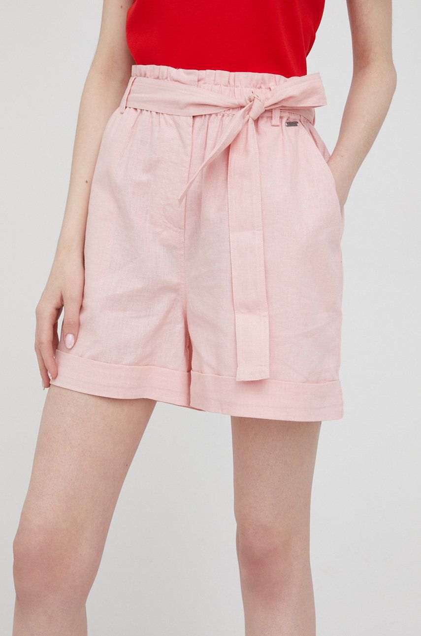 Šortky s příměsí lnu Pepe Jeans Muriel růžová barva, high waist - růžová -  56% Bavlna