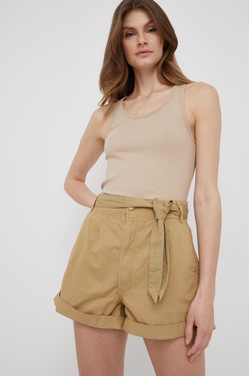 Pepe Jeans Pantaloni Scurti Din Bumbac Kaylee Short Femei, Culoarea Verde, Neted, High Waist