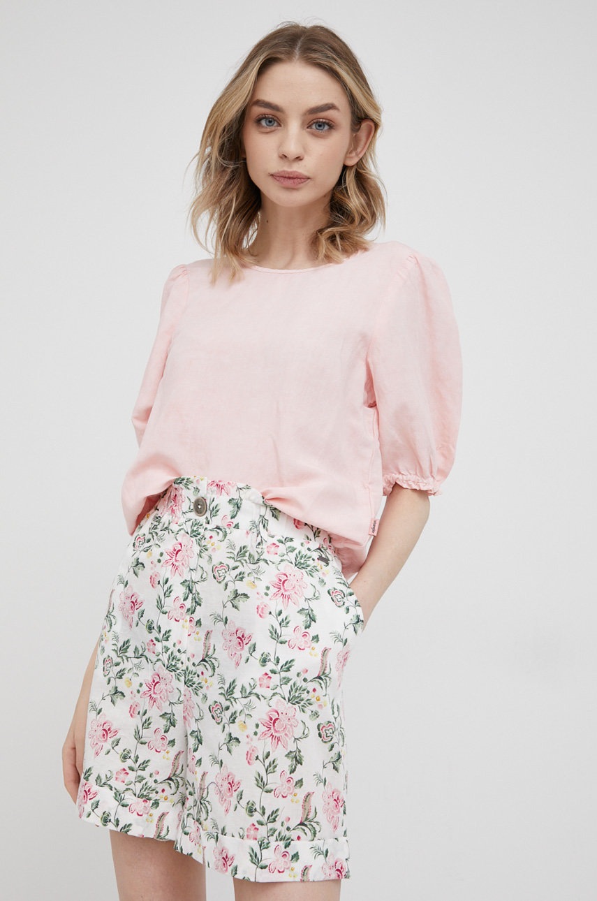 

Къс панталон с лен Pepe Jeans Leah дамски с десен с висока талия, Многоцветен