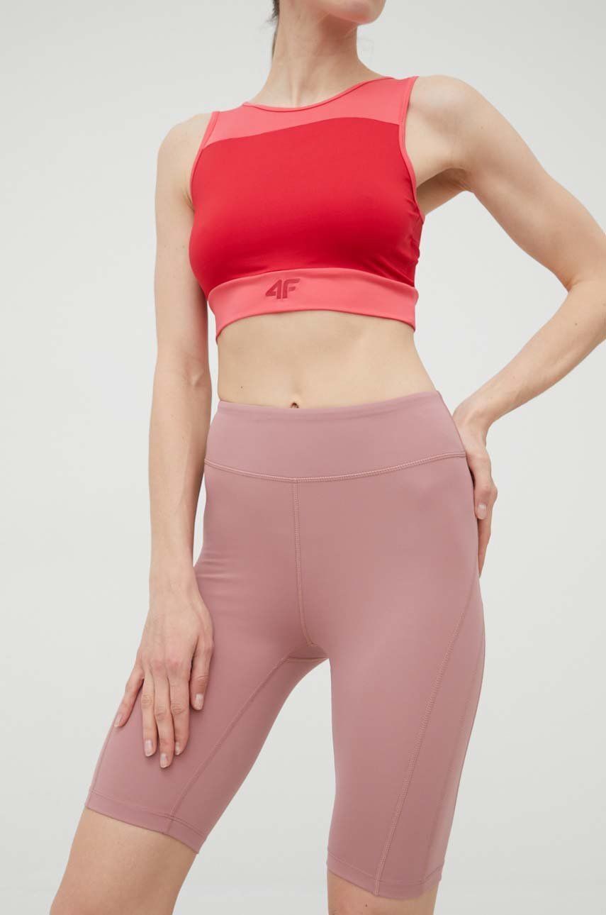 4F pantaloni scurți de antrenament femei, culoarea roz, neted, high waist