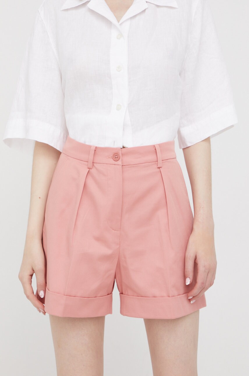 Sisley pantaloni scurti femei, culoarea roz, neted, high waist