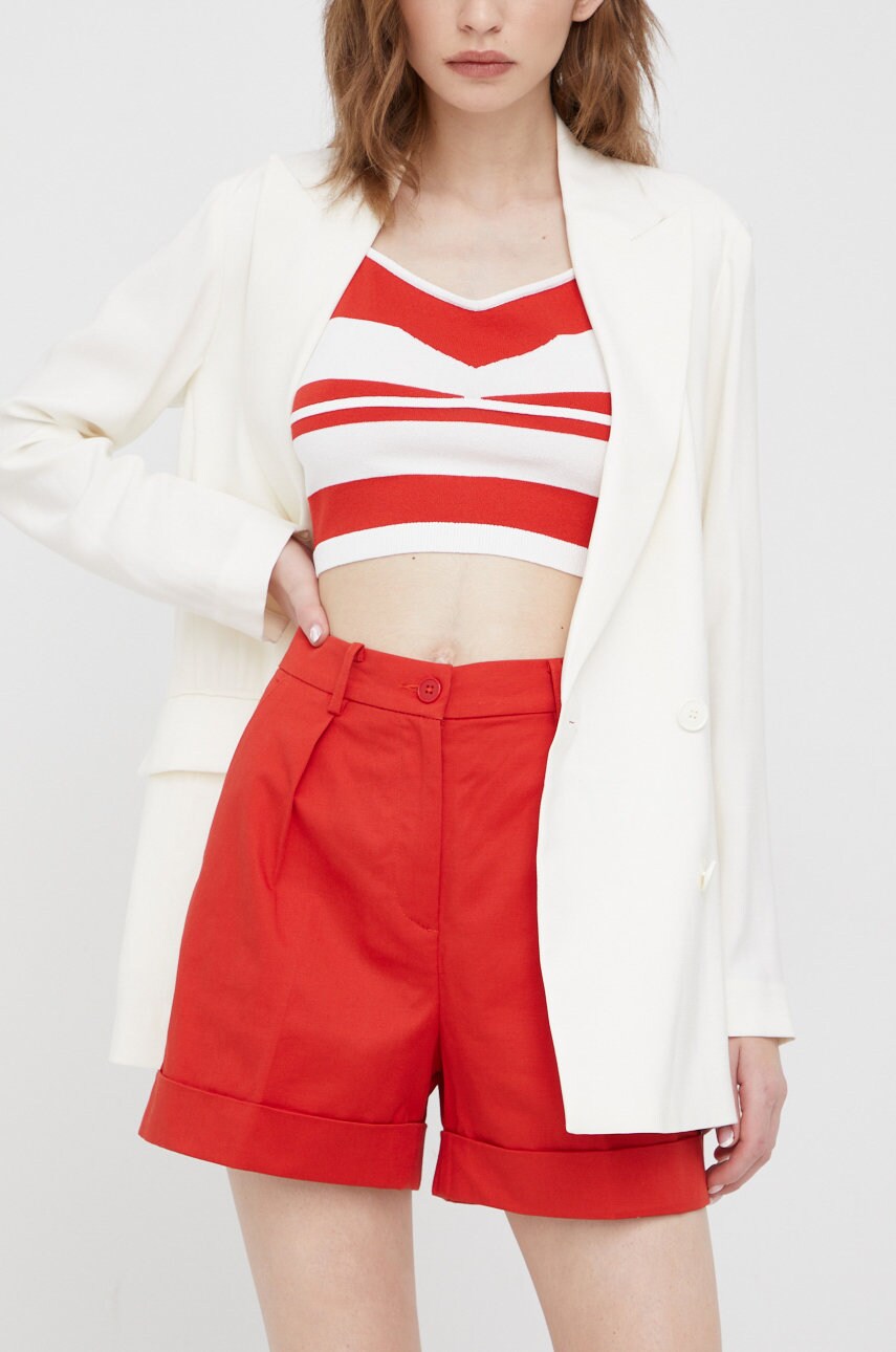 Sisley pantaloni scurti femei, culoarea rosu, neted, high waist
