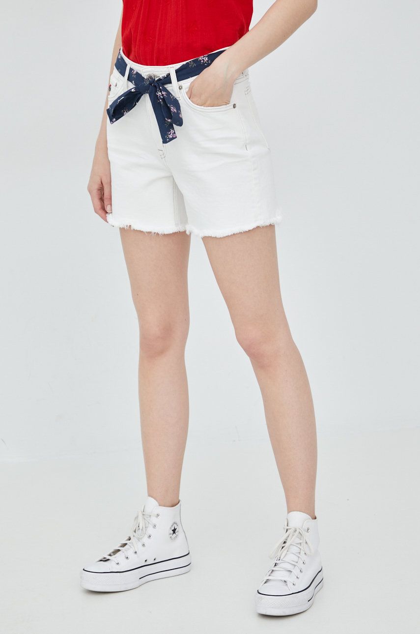 Superdry pantaloni scurti jeans femei, culoarea alb, neted, medium waist
