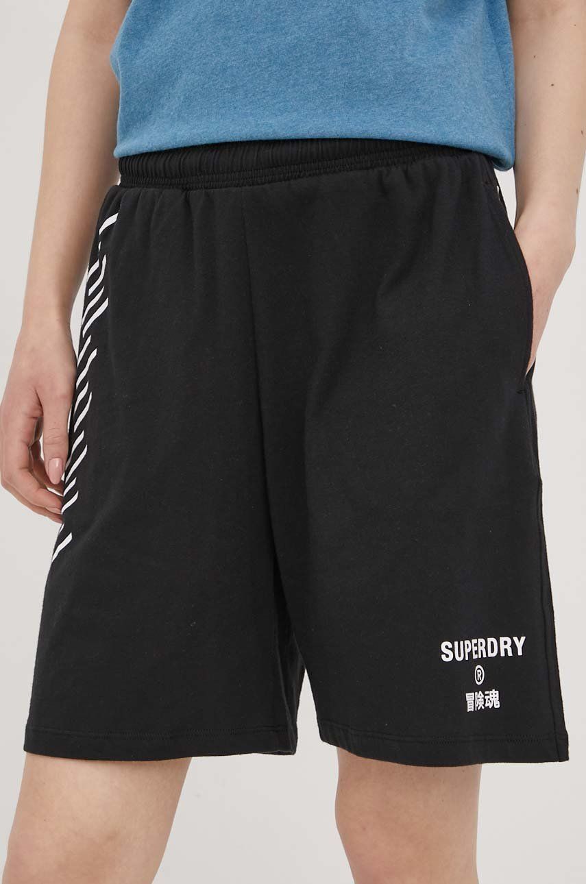 Superdry szorty bawełniane damskie kolor czarny z nadrukiem high waist