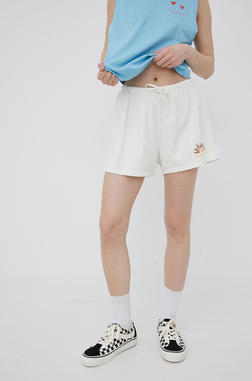 Bavlněné šortky Quiksilver dámské, bílá barva, vzorované, high waist