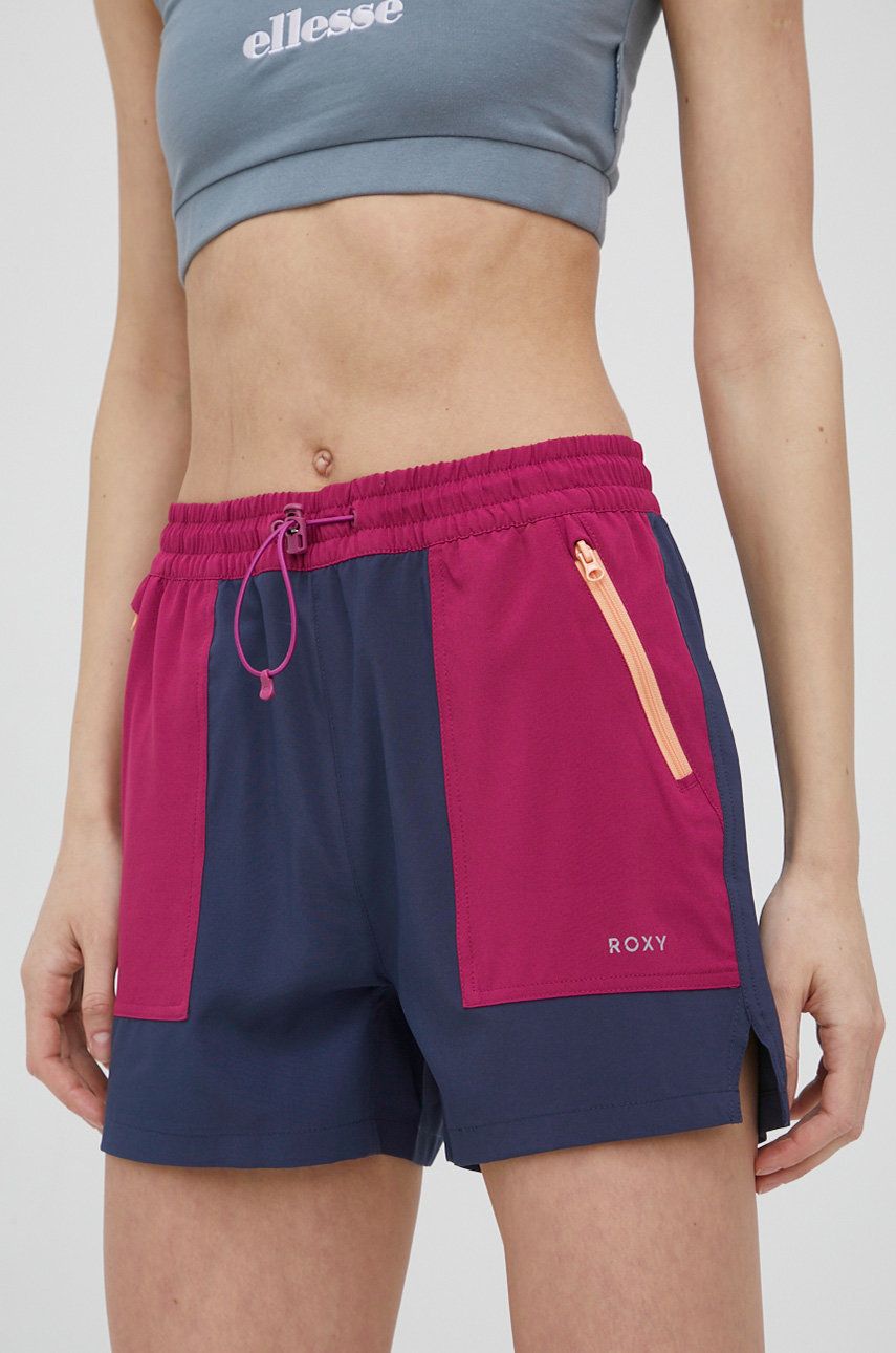 Roxy szorty outdoorowe One For The Road damskie kolor granatowy wzorzyste medium waist