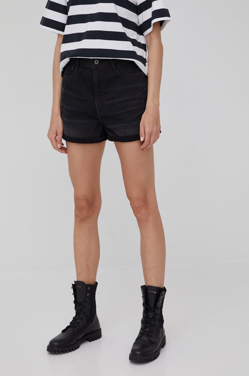 G-star raw pantaloni scurti jeans femei, culoarea gri, neted, high waist