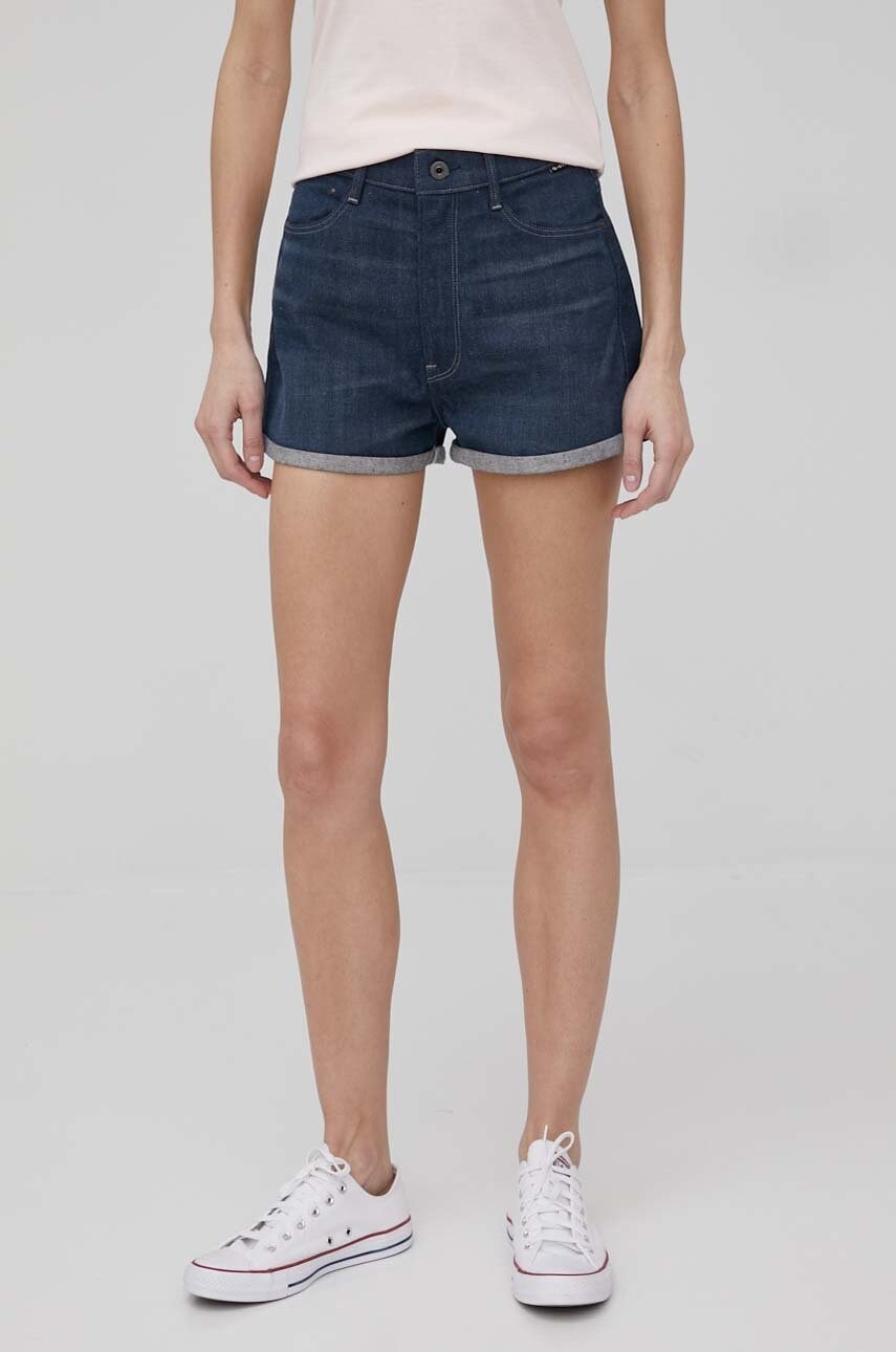 G-star raw pantaloni scurti jeans femei, culoarea albastru marin, high waist