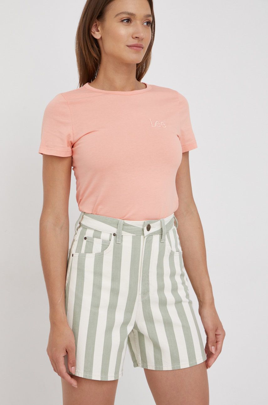 E-shop Bavlněné šortky Lee dámské, béžová barva, vzorované, high waist