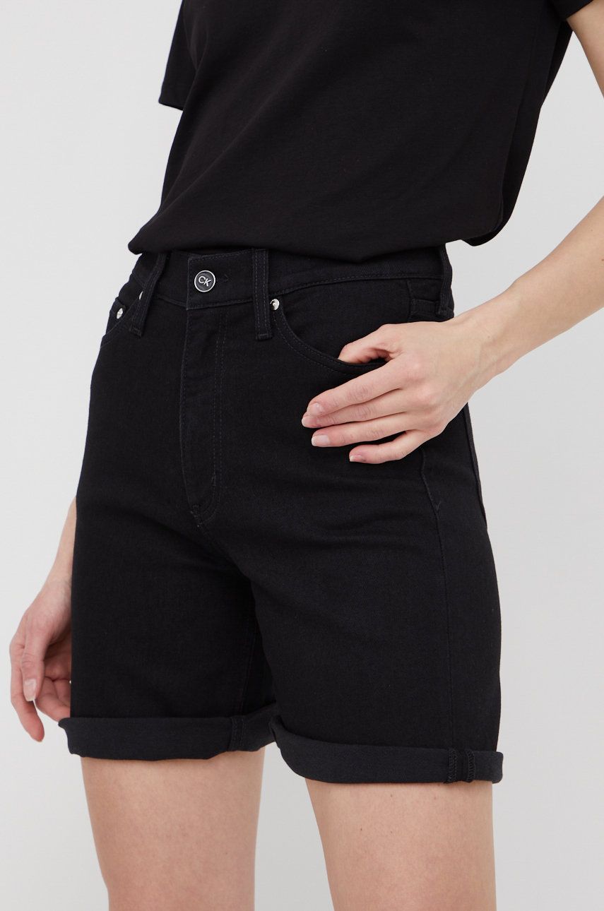 Calvin Klein szorty jeansowe damskie kolor czarny gładkie high waist