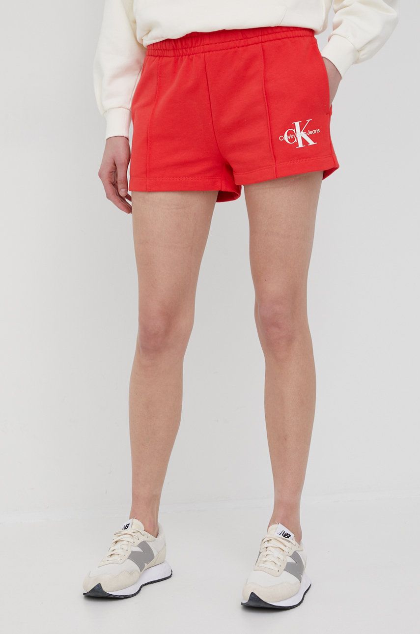 Bavlněné šortky Calvin Klein Jeans dámské, červená barva, hladké, high waist