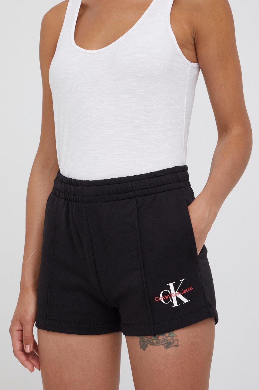Bavlněné šortky Calvin Klein Jeans dámské, černá barva, hladké, high waist