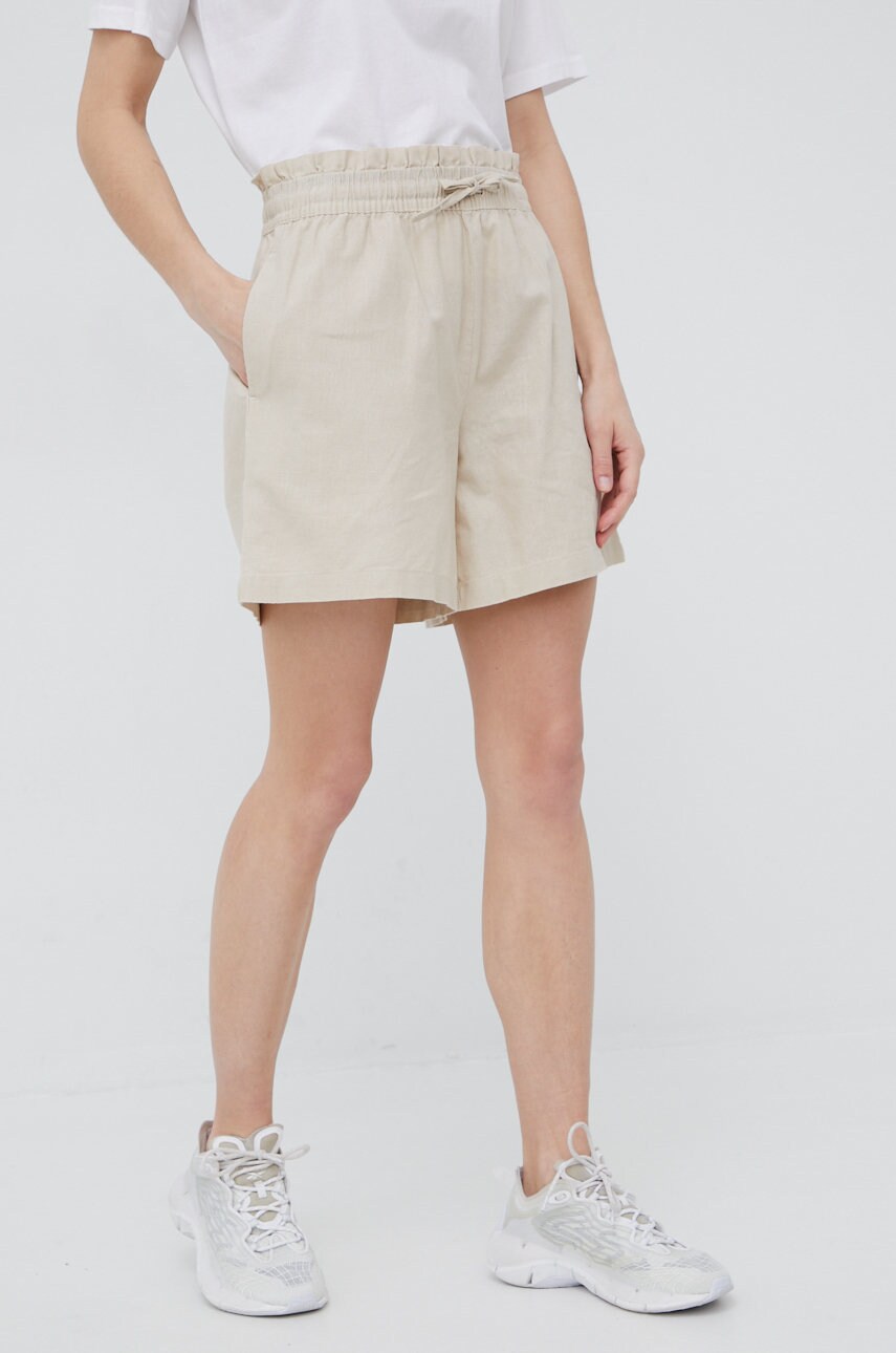 Outhorn pantaloni scurti din in femei, culoarea bej, neted, high waist
