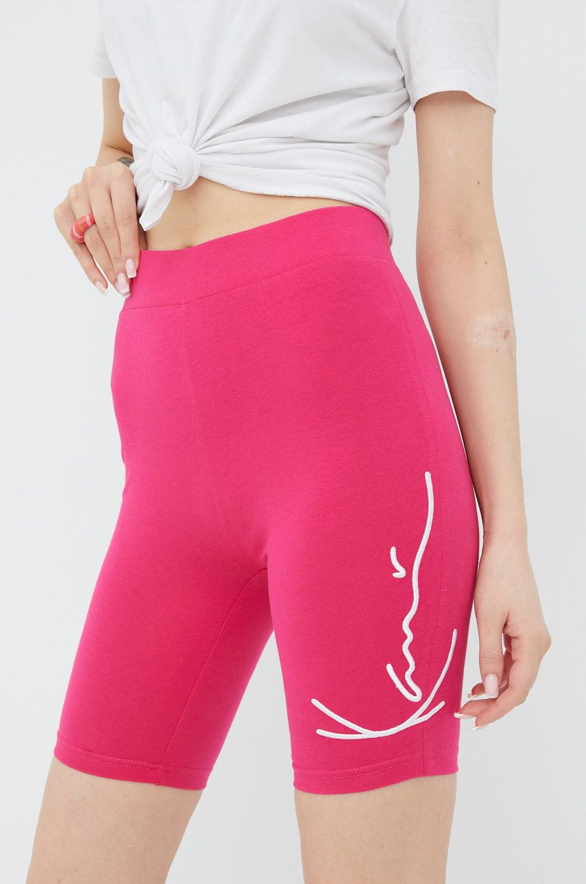 Karl Kani pantaloni scurți femei, culoarea roz, cu imprimeu, high waist KW2210371-pink