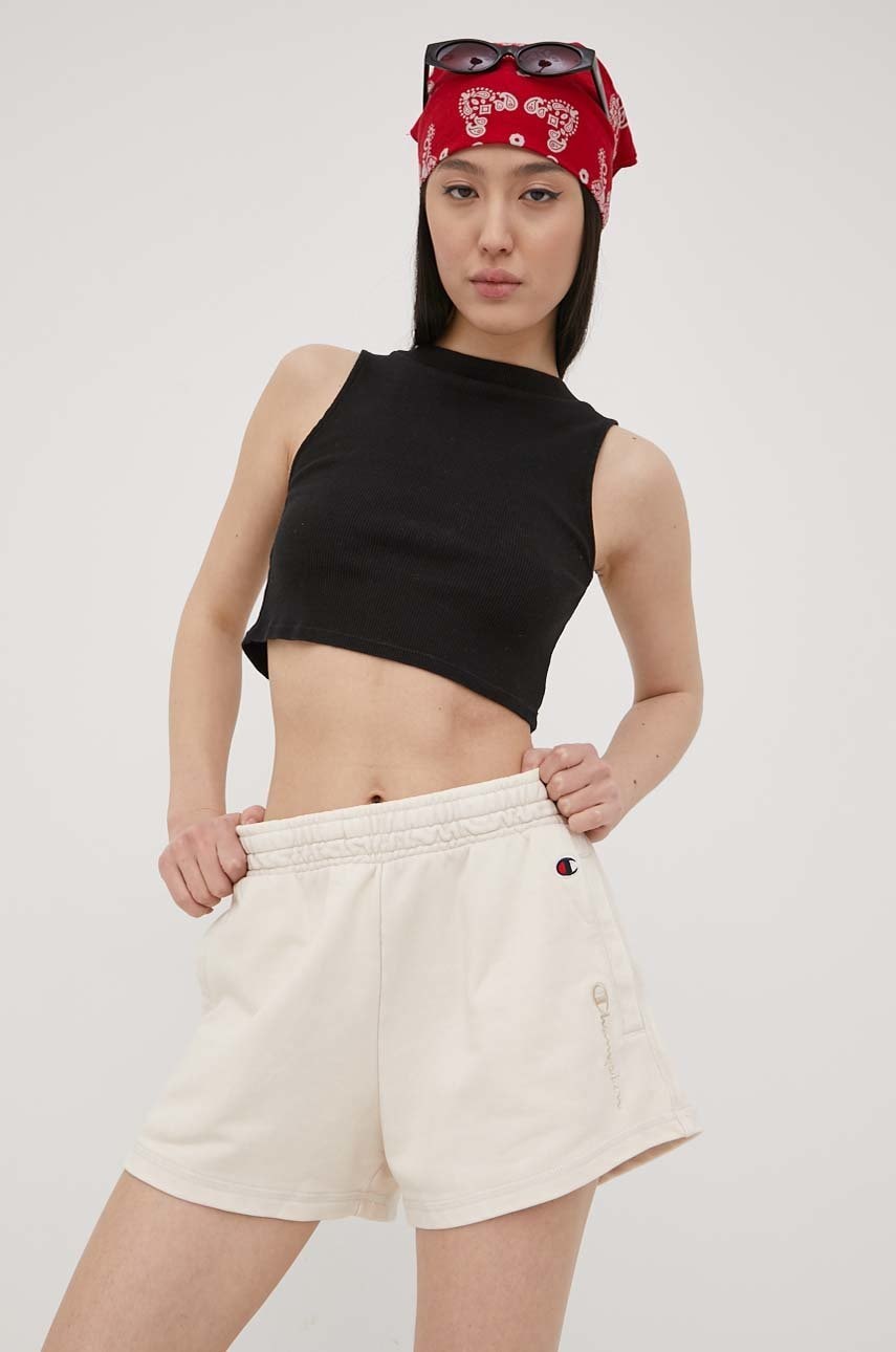 Champion pantaloni scurți 114944 femei, culoarea bej, cu imprimeu, high waist 114944-BS028