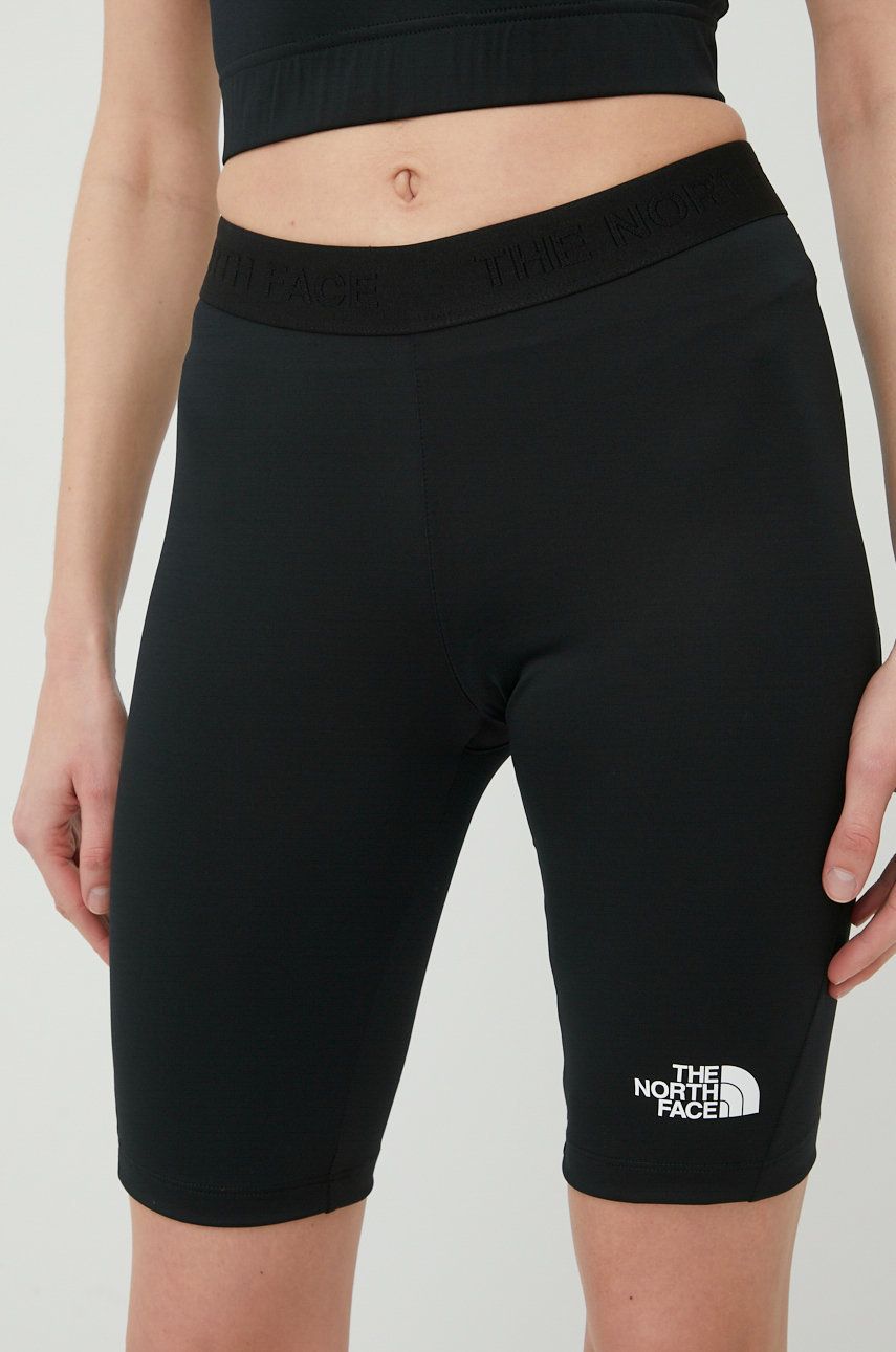 The North Face pantaloni scurti sport Mountain Athletics femei, culoarea negru, neted, medium waist
