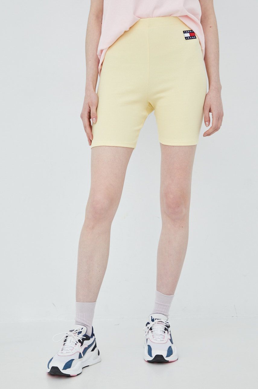 Kraťasy Tommy Jeans dámské, žlutá barva, hladké, high waist - žlutá -  96% Bavlna