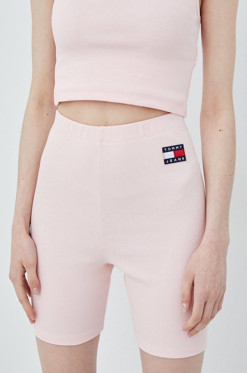 Tommy jeans pantaloni scurti femei, culoarea roz, neted, high waist