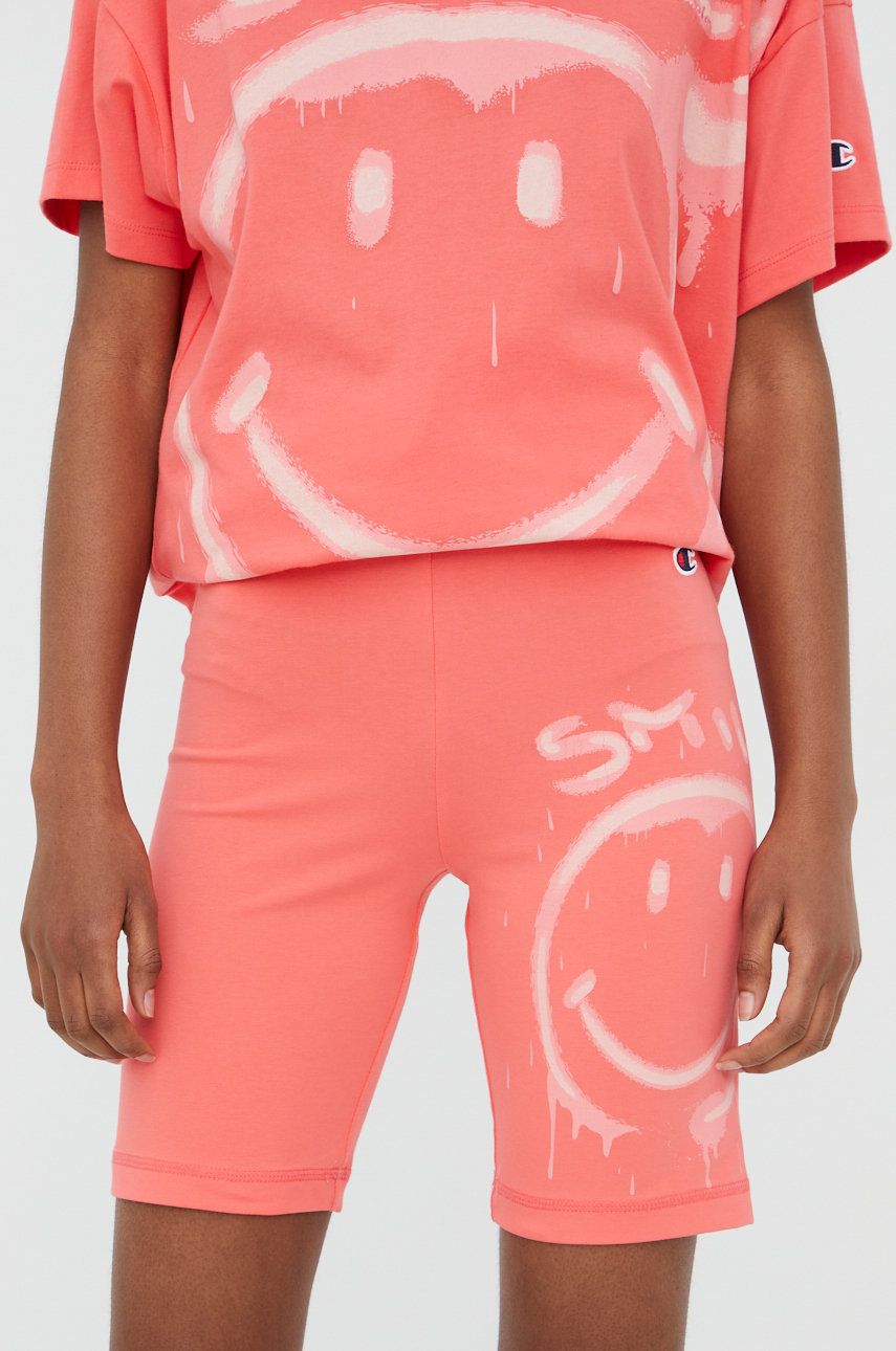 Champion pantaloni scurti Champion X Smiley 115938 femei, culoarea roz, cu imprimeu, high waist answear.ro imagine noua 2022