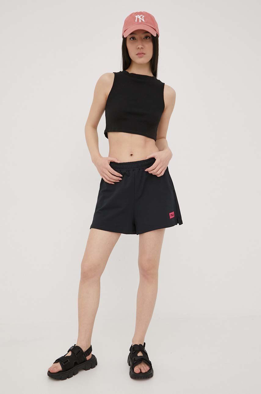 Fila Pantaloni Scurti Femei, Culoarea Negru, Cu Imprimeu, High Waist