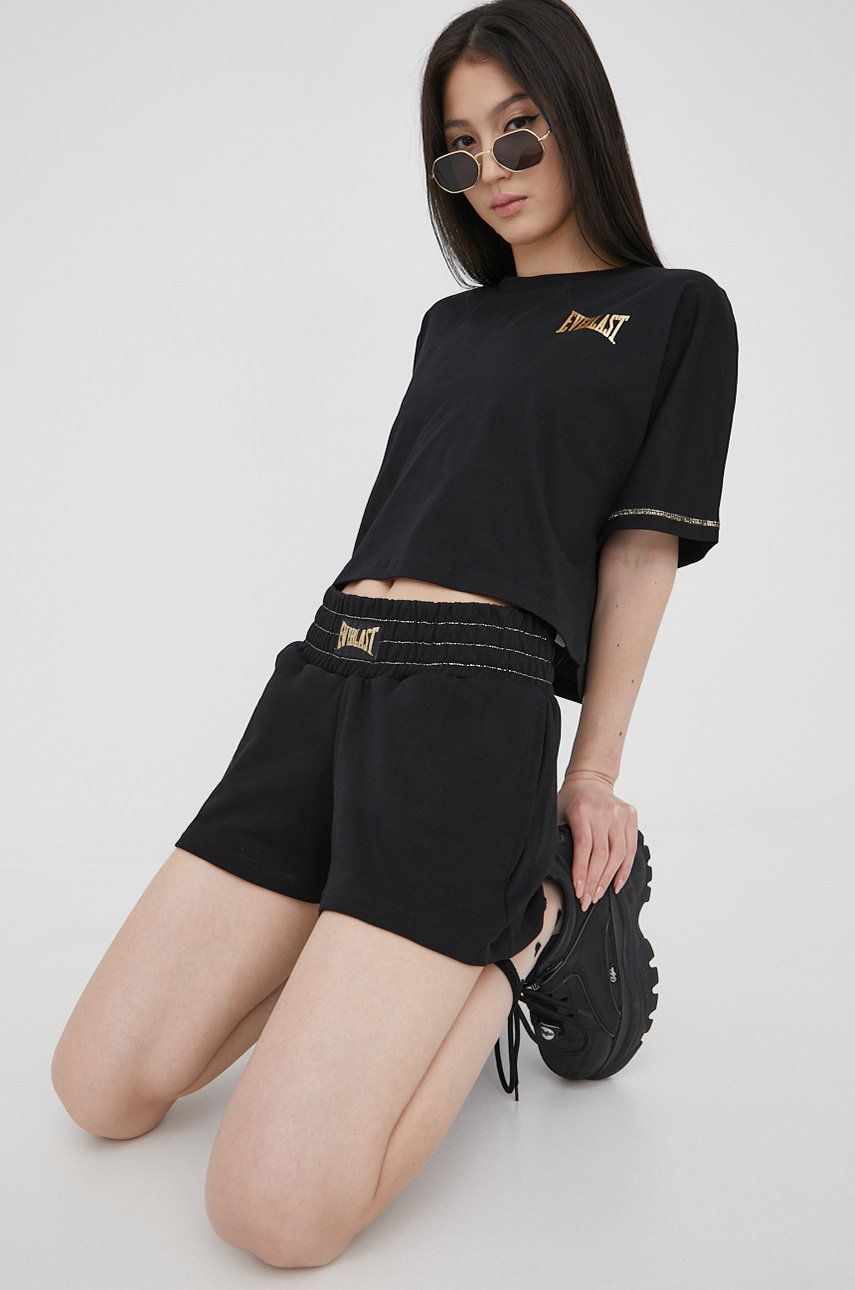 E-shop Bavlněné šortky Everlast dámské, černá barva, hladké, high waist