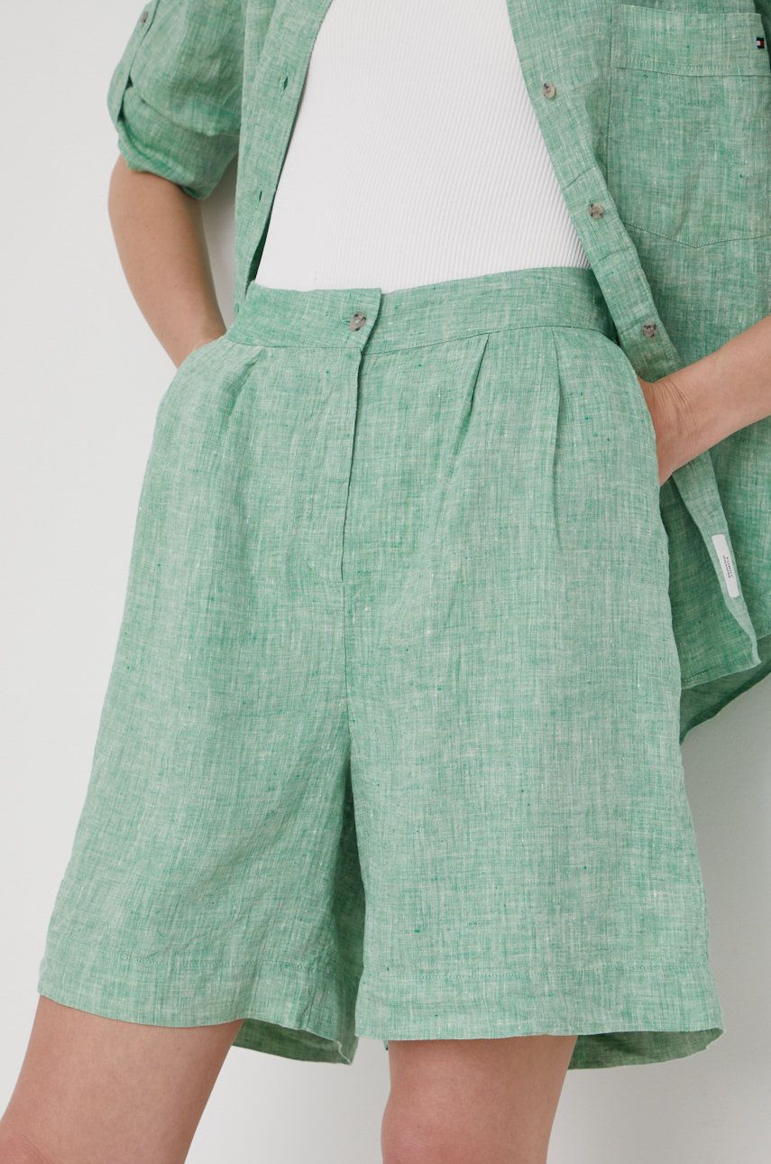 Tommy Hilfiger szorty lniane damskie kolor zielony gładkie high waist