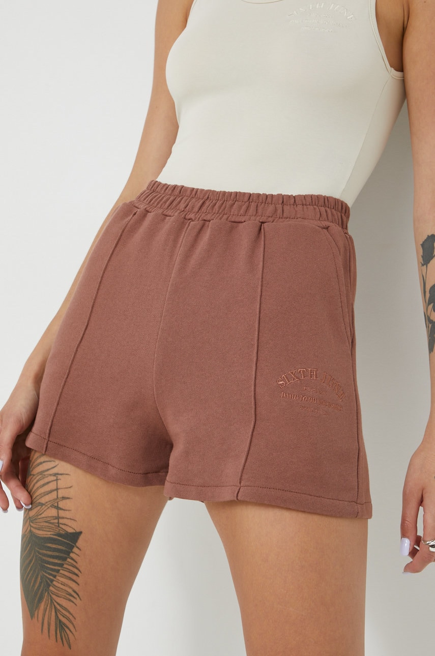 E-shop Bavlněné šortky Sixth June dámské, hnědá barva, s aplikací, high waist