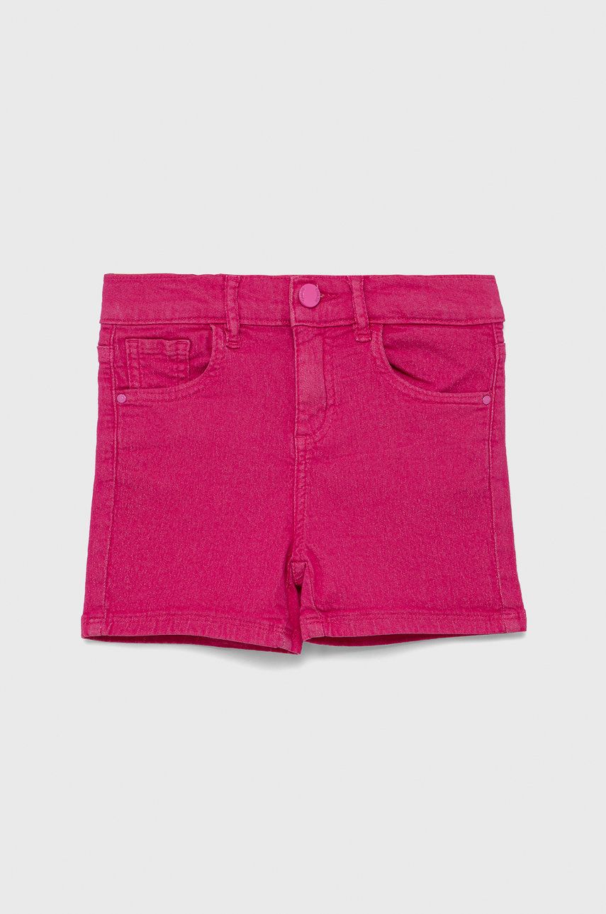 Dětské riflové kraťasy Guess růžová barva, hladké, nastavitelný pas - růžová -  75% Bavlna