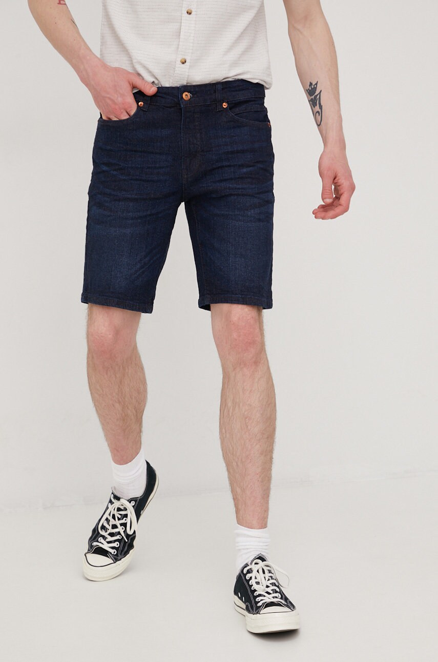 Solid pantaloni scurti jeans barbati, culoarea albastru marin