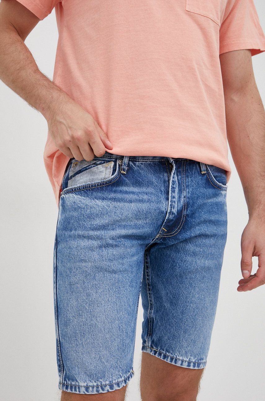 Džínové šortky Pepe Jeans Stanley Short Logo pánské, - modrá -  Hlavní materiál: 100% Bavlna
