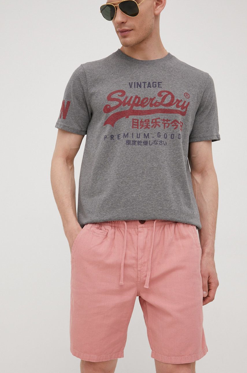 Superdry pantaloni scurți din amestec de in barbati, culoarea roz