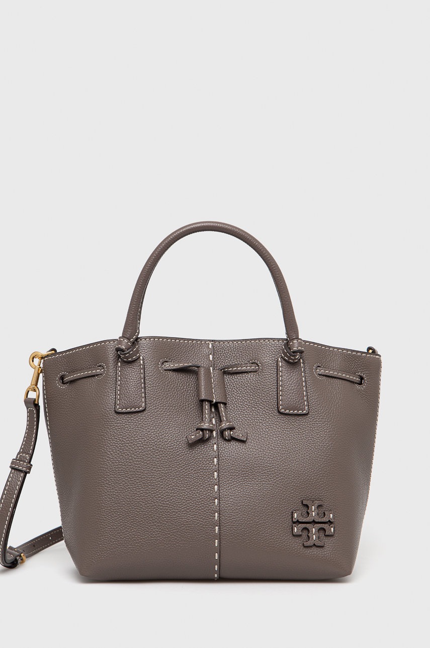 

Кожена чанта Tory Burch в сиво, Сив