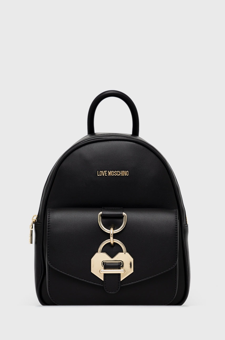 

Раница Love Moschino дамски в черно малък размер с апликация, Черен