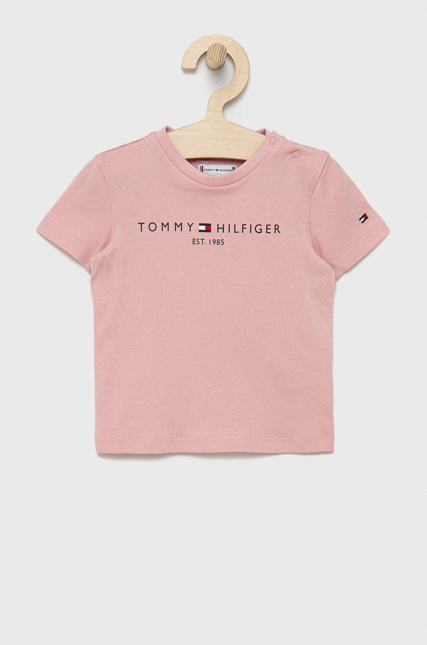 

Детска памучна тениска Tommy Hilfiger в розово с принт, Розов