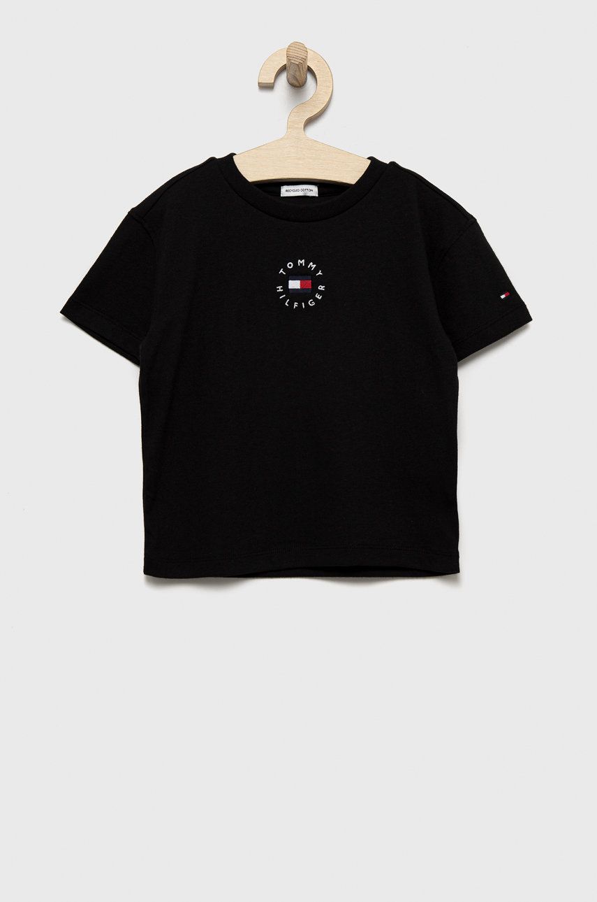 Dětské bavlněné tričko Tommy Hilfiger černá barva, hladký - černá -  100% Bavlna