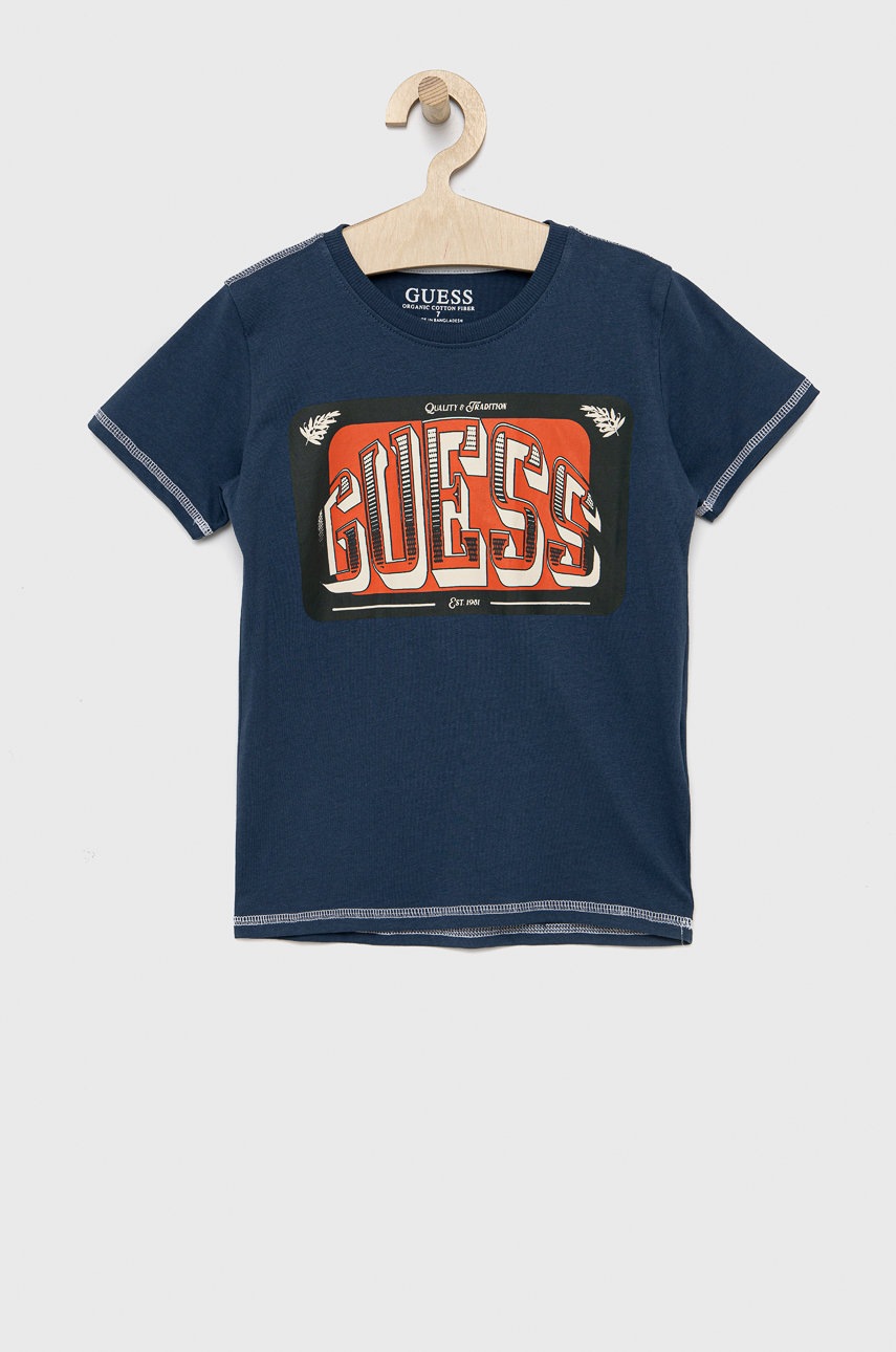 

Детска памучна тениска Guess с принт, Син
