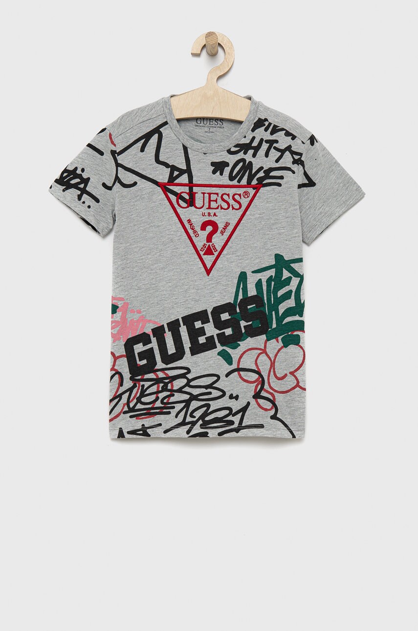 

Детска памучна тениска Guess с десен, Сив
