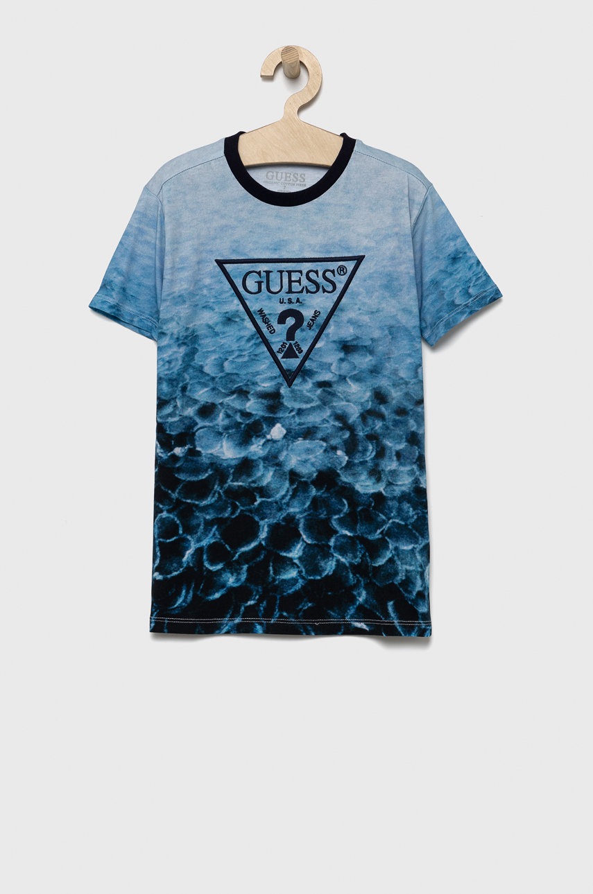 

Детска памучна тениска Guess с десен, Син