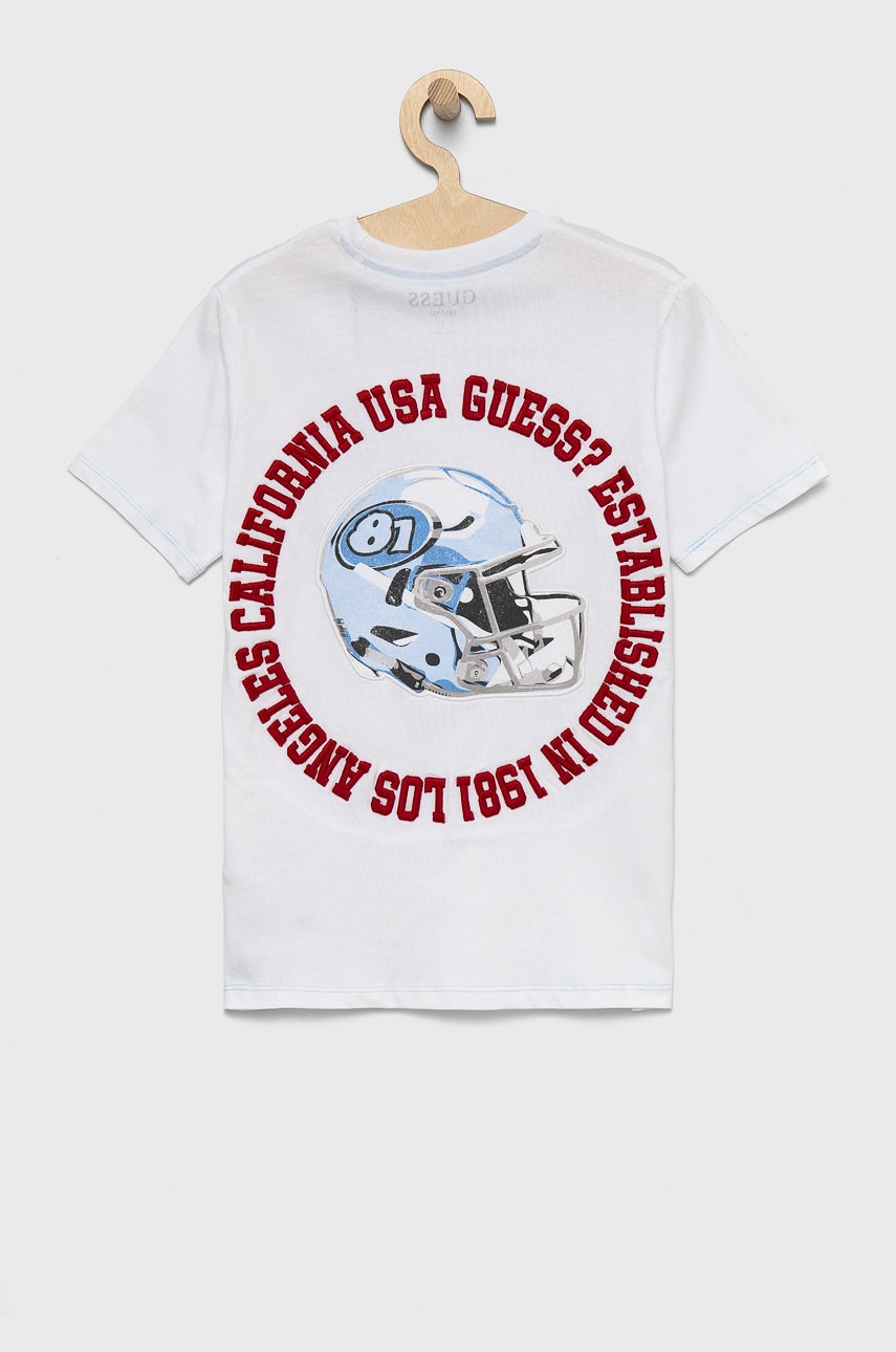 

Дитяча бавовняна футболка Guess колір білий з аплікацією