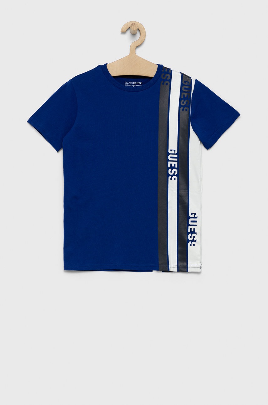 

Детска памучна тениска Guess с принт, Син
