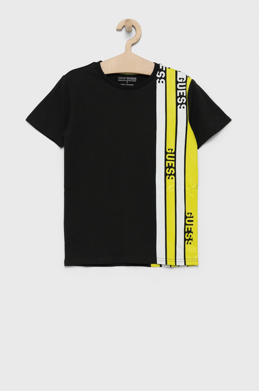 

Детска памучна тениска Guess в зелено с принт, Зелен