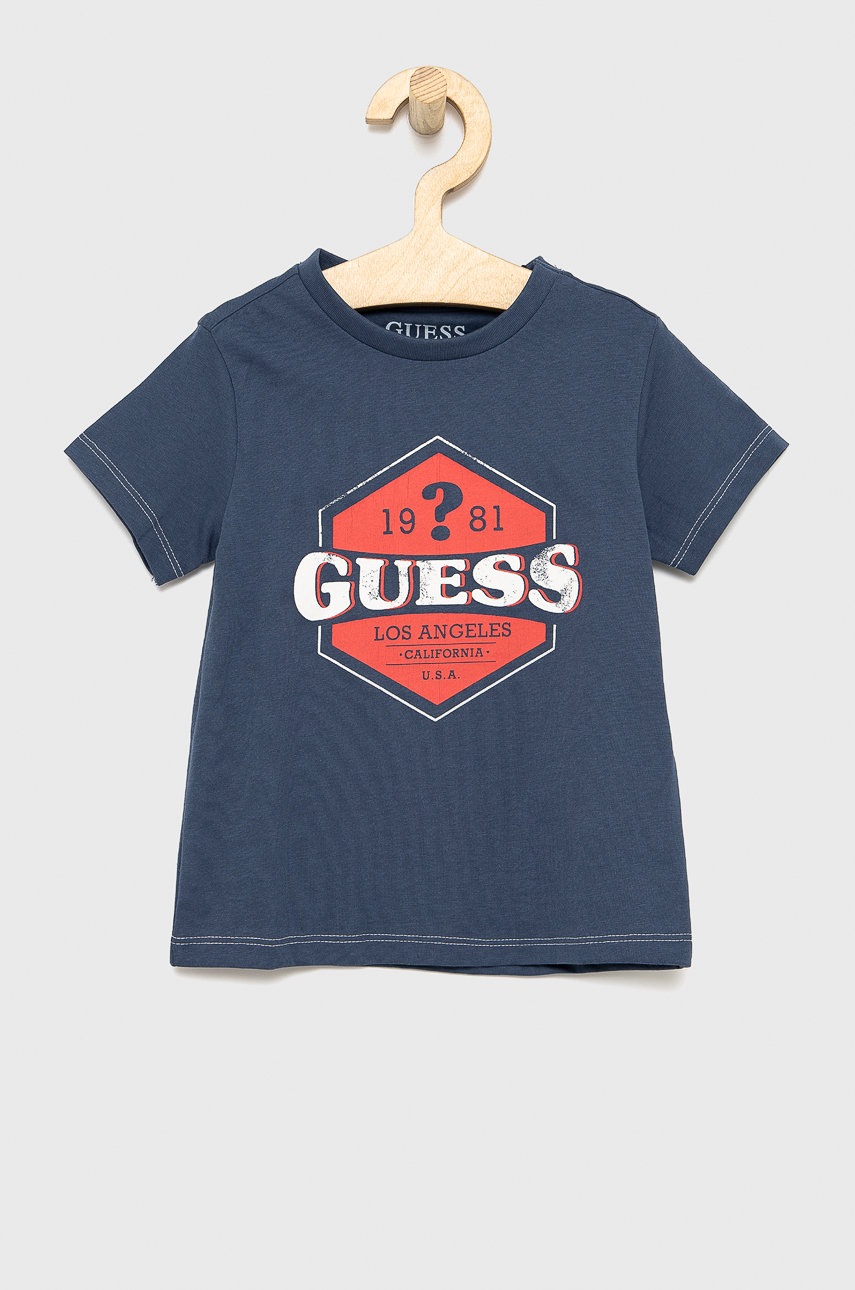 

Детска памучна тениска Guess с принт, Син