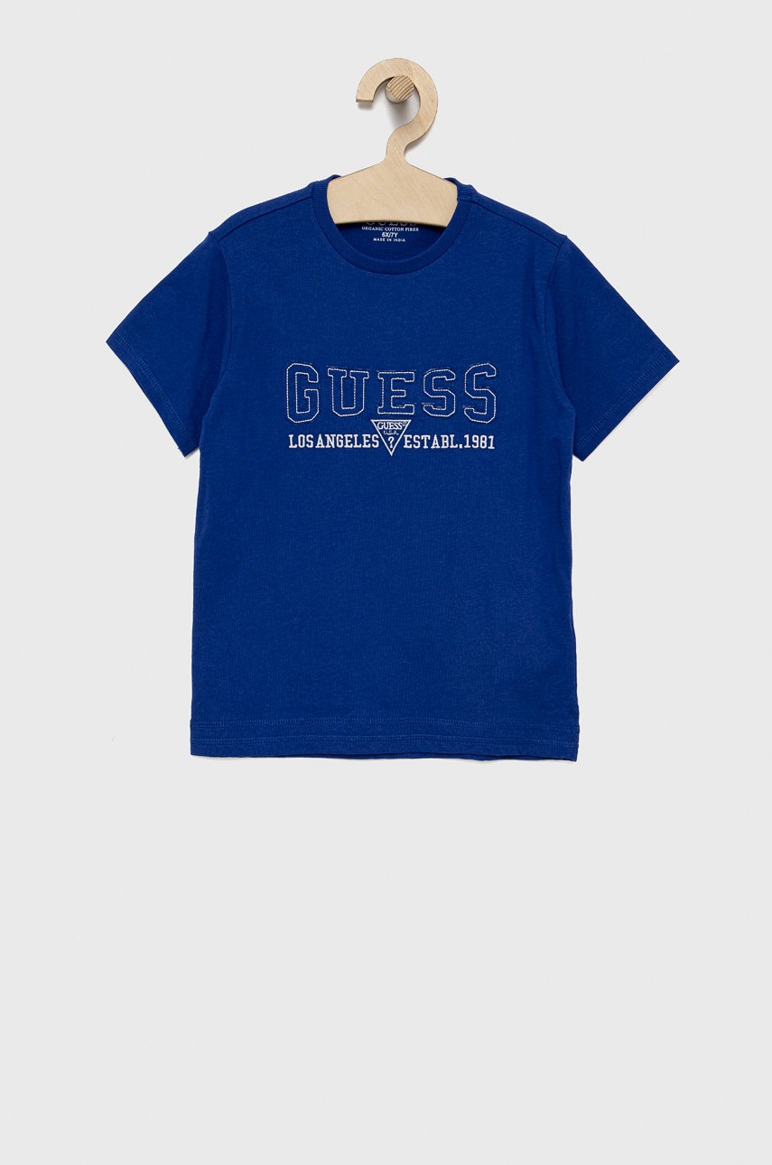 

Детска памучна тениска Guess с апликация, Син