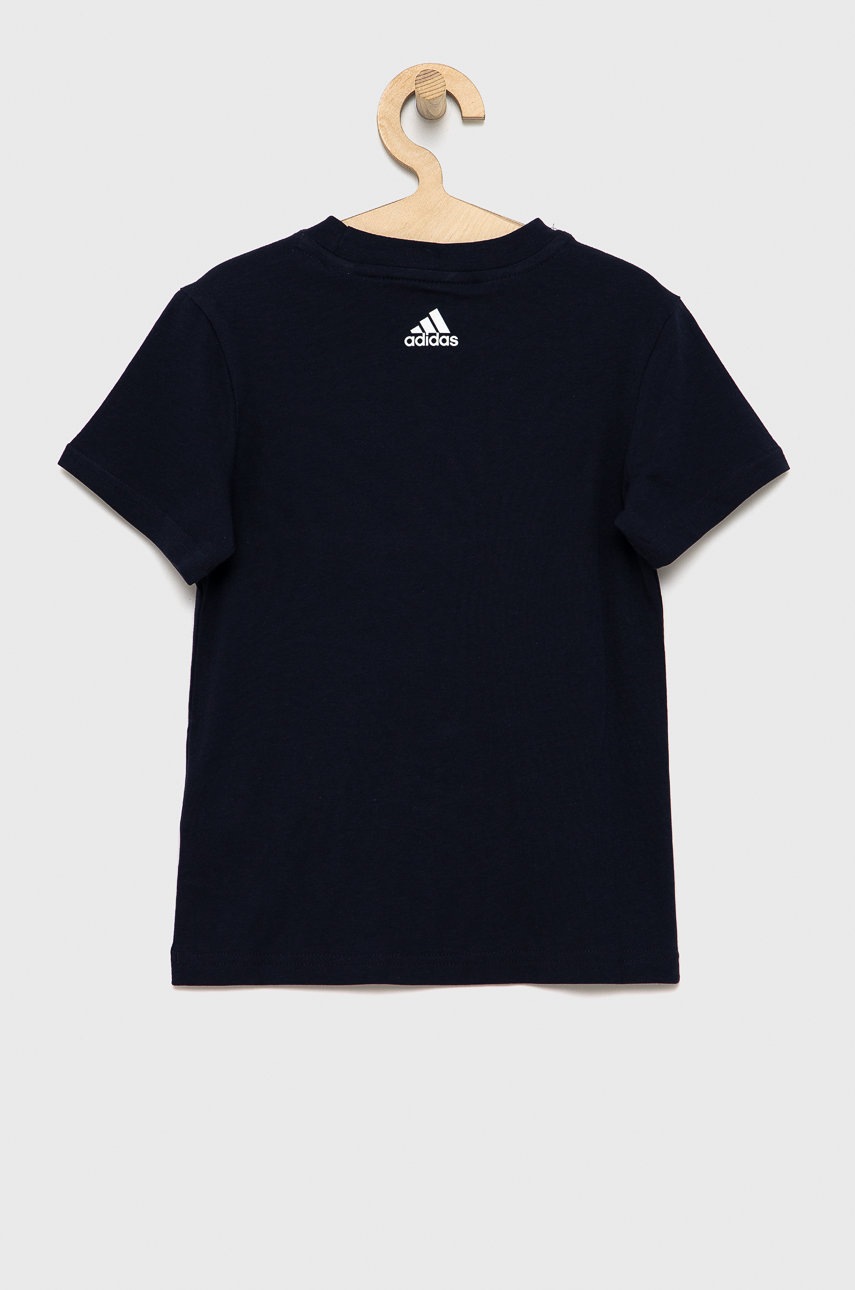 

Дитяча бавовняна футболка adidas Performance HE9273 колір синій з принтом