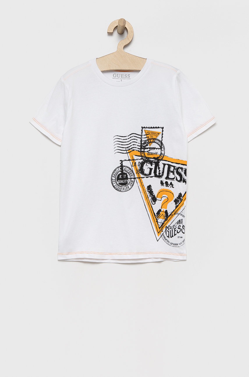 

Детска памучна тениска Guess в бяло с принт, Бял