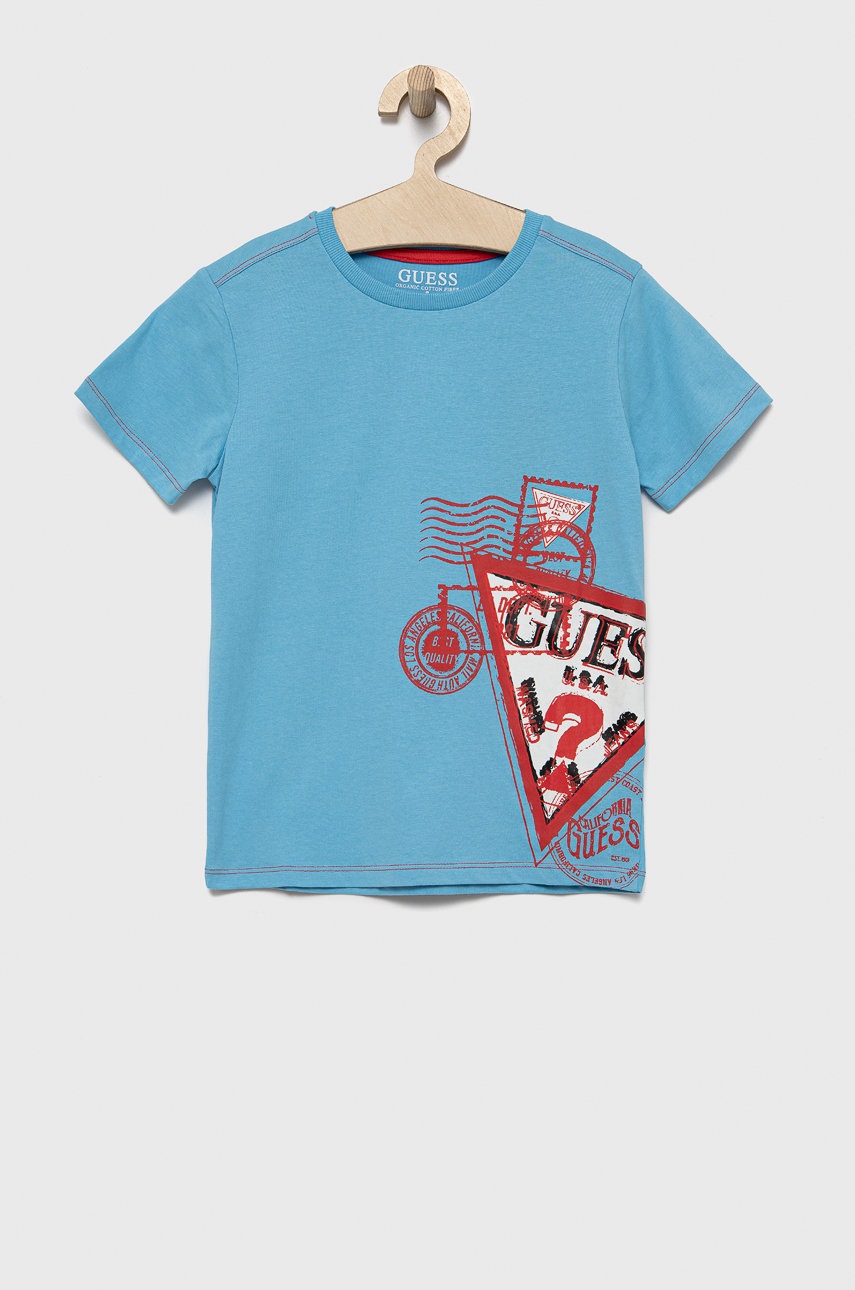 

Детска памучна тениска Guess с принт, Син
