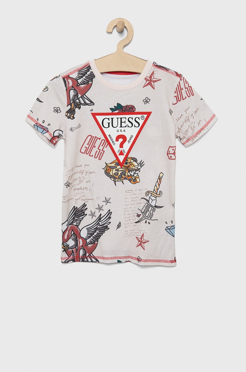 

Детска памучна тениска Guess в бежово с десен, Бежов
