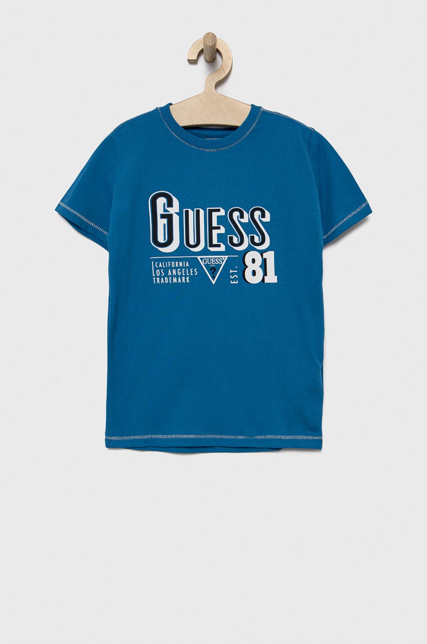 

Детска памучна тениска Guess с принт, Син